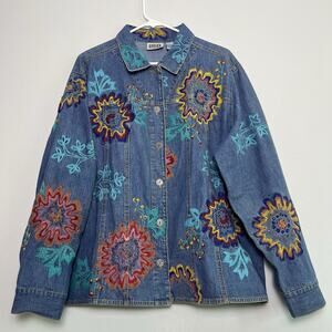 Vintage Chico's Denim Shirt Jacket Floral Embroidery Button Up Beaded Size XL